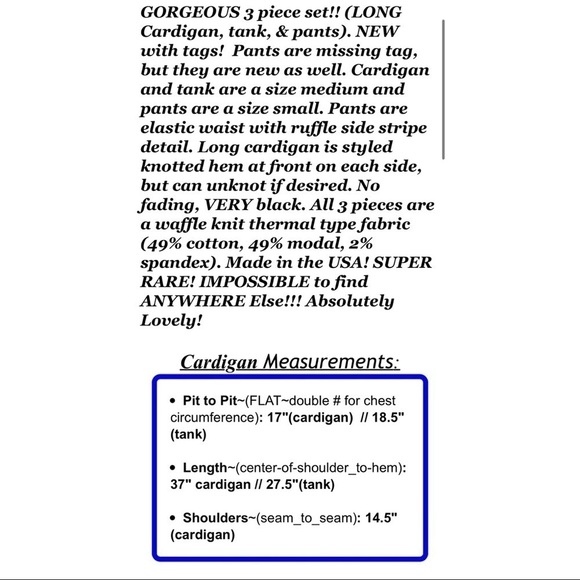 Trouble at the Mill Women Sz M S 3pc Pant Long Cardigan Tank Waffle Knit Set - Picture 2 of 12